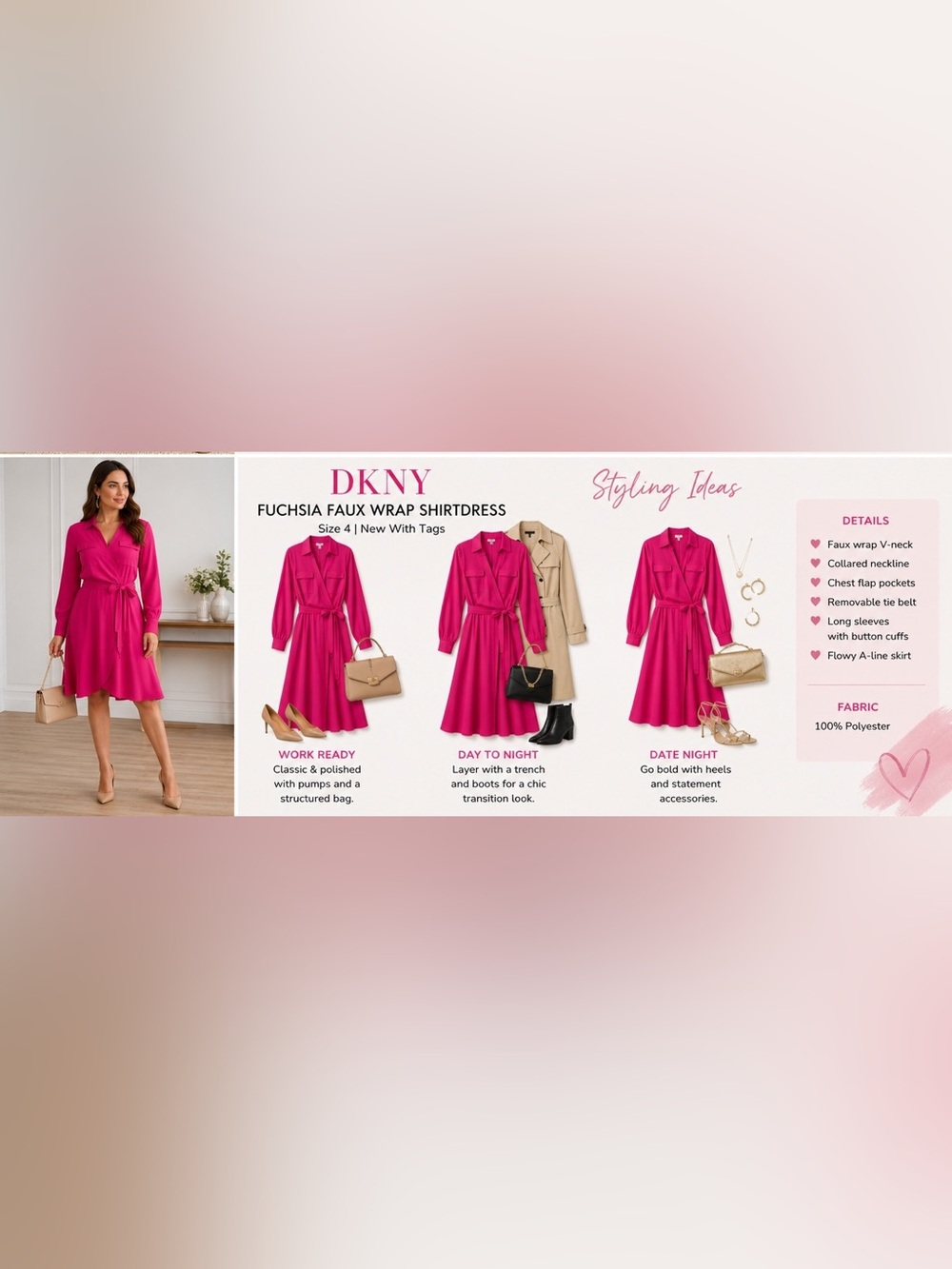 DKNY Fuchsia Pink Faux Wrap Belted Shirtdress Size 4 NWT